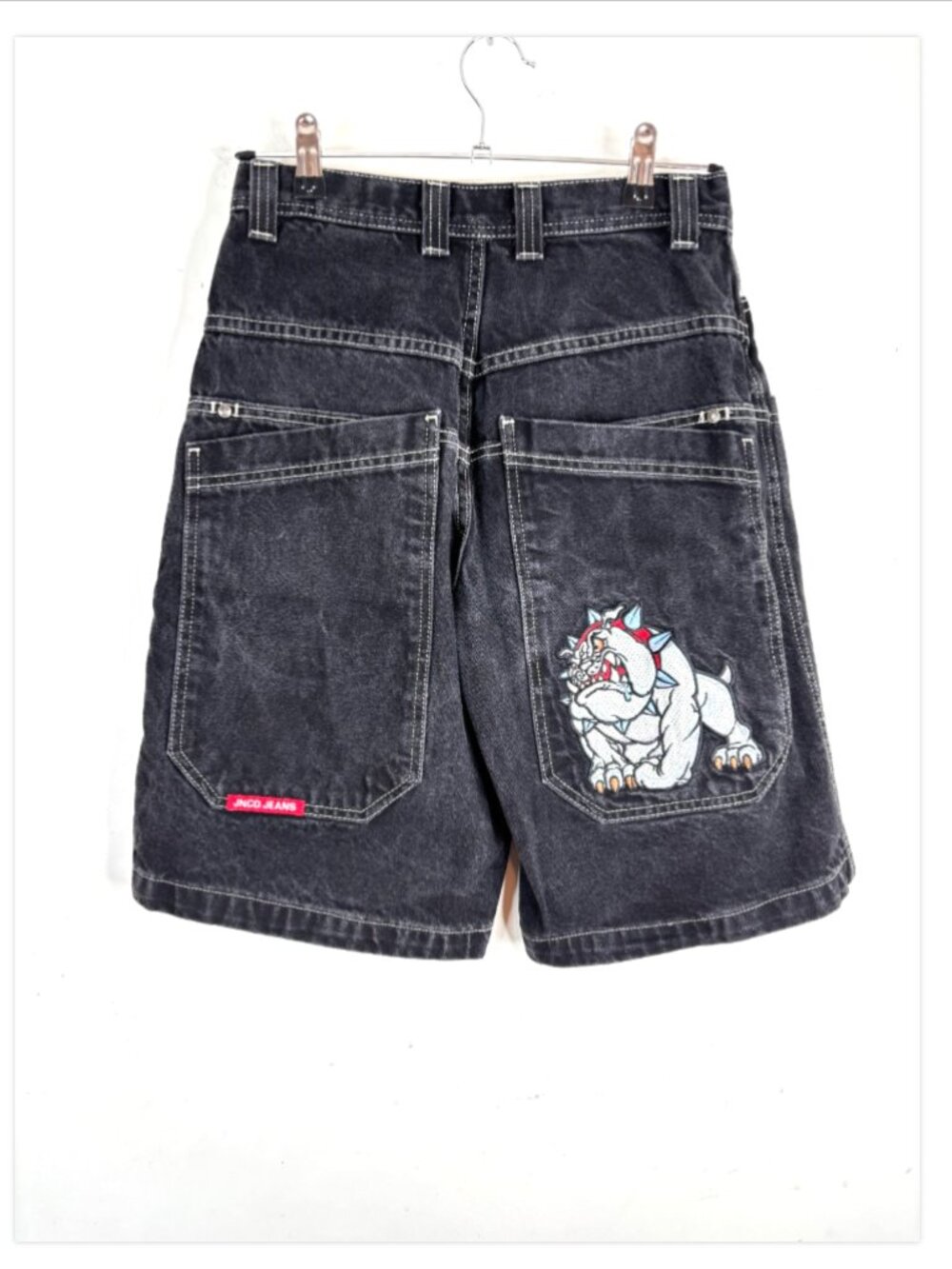 VTG JNCO Bulldog Shorts Boys 16 Black Jorts Baggy Skate Y2K Embroidered Patch